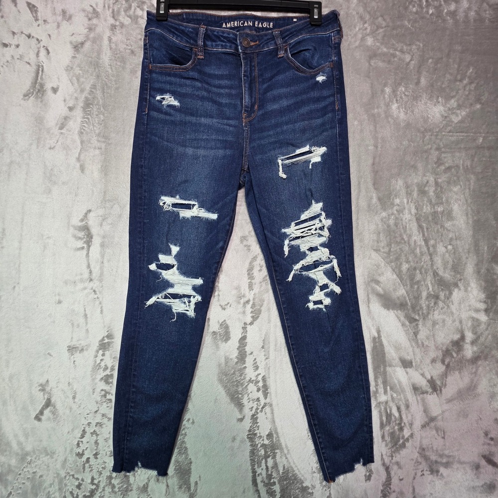 American Eagle Hi-Rise Jegging Dark Wash Distressed Ripped Jeans Size 14 Regular